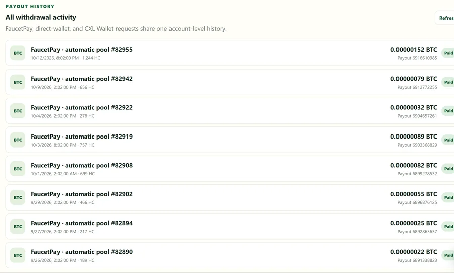 Crypto Crops payout history from my account