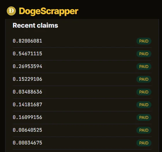 Doge Scrapper payout history from my account
