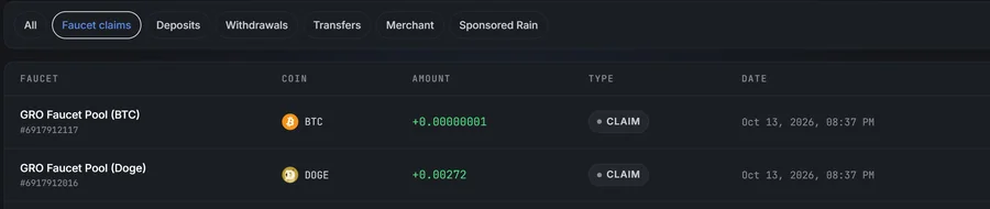 GRO Miner payout history from my account