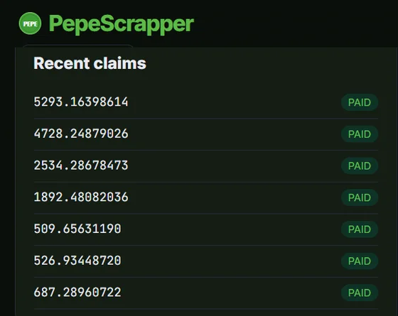 Pepe Scrapper payout history from my account