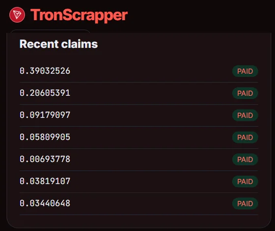 Tron Scrapper payout history from my account